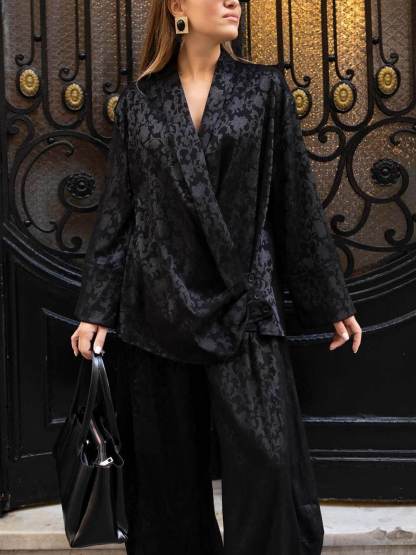 Vintage Satin Black Printed Button Detail Shirt