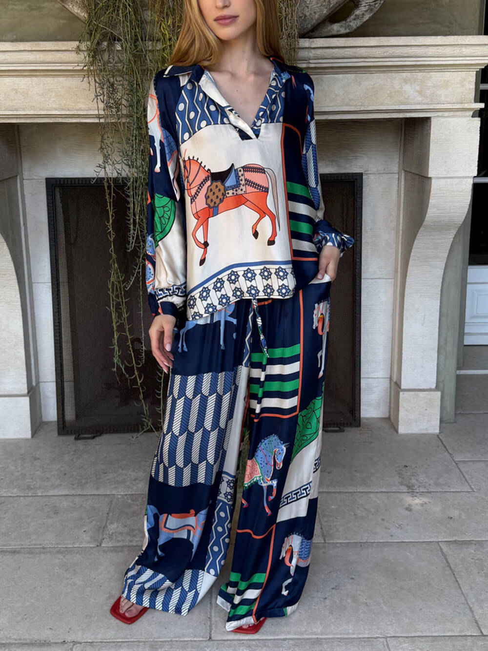 Unique Satin Horse Print Loose Shirt And Elastic Waist Wide-Leg Pants Set