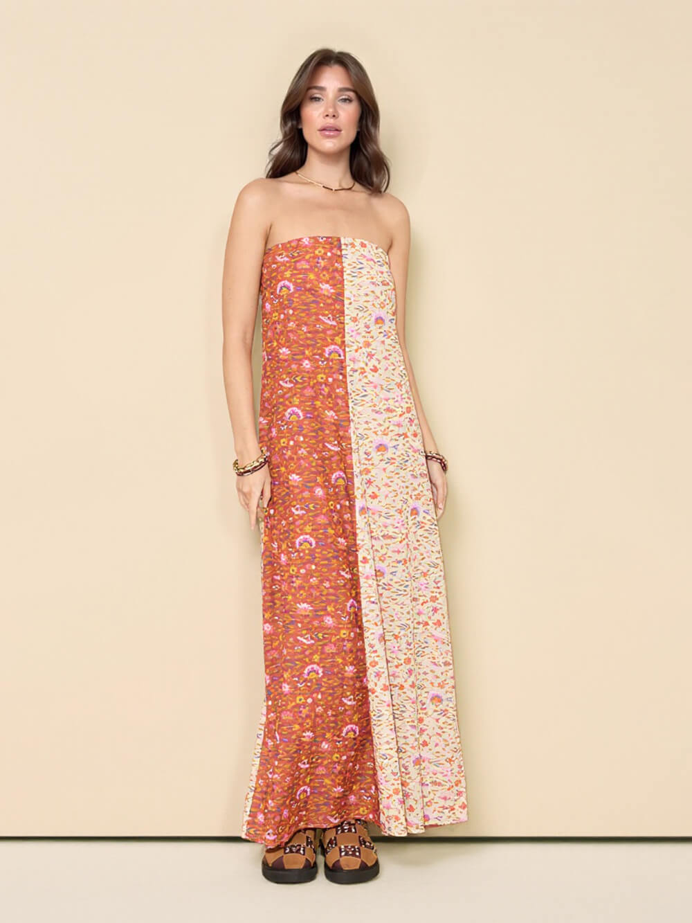 Fashion Floral Printed Strapless Maxi Dress