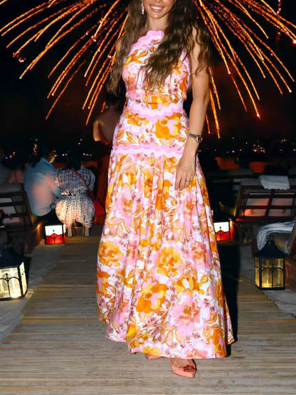 Delicate Ruffle Trim Backless Printed Maxi Dress