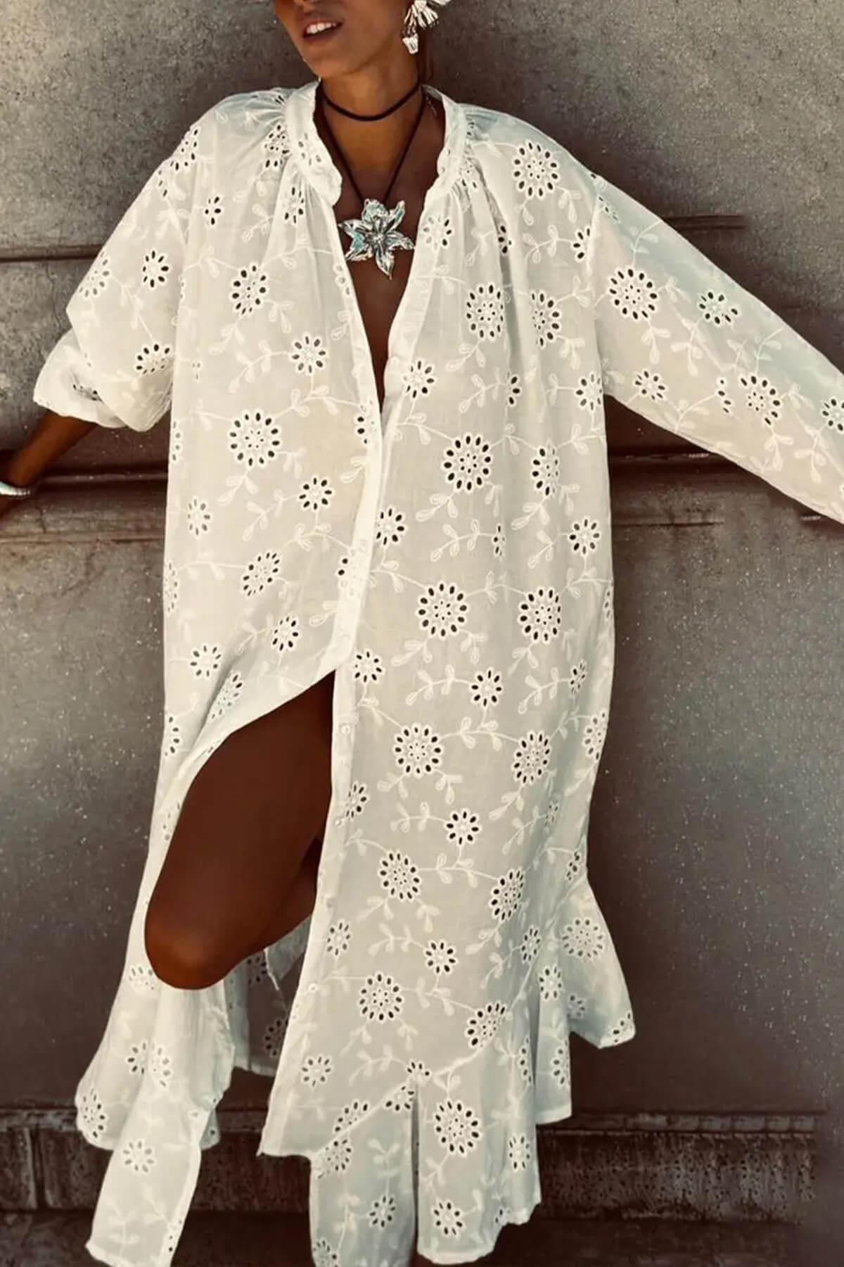 Casual Cutout Lace Crochet Ruffle Maxi Dress