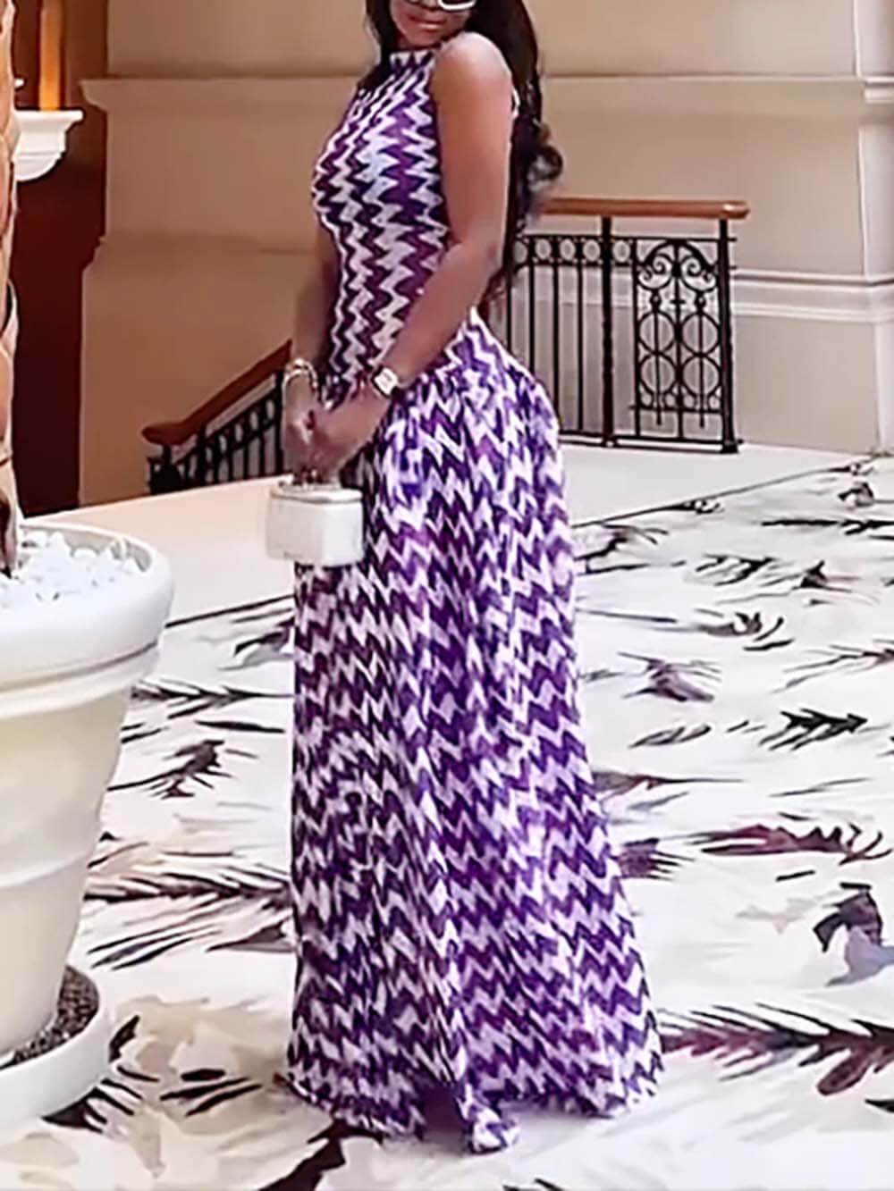Unique Purple Zigzag Print Stretch Maxi Dress