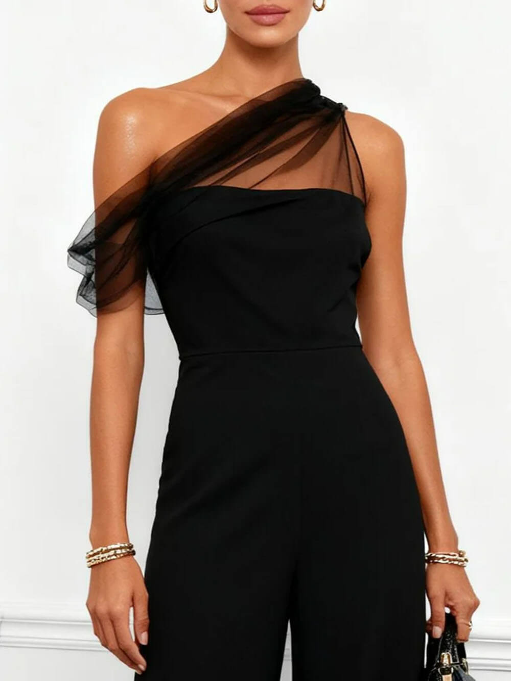Elegant Mesh Panel One-Shoulder Jumpsuit