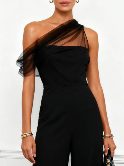Elegant Mesh Panel One-Shoulder Jumpsuit