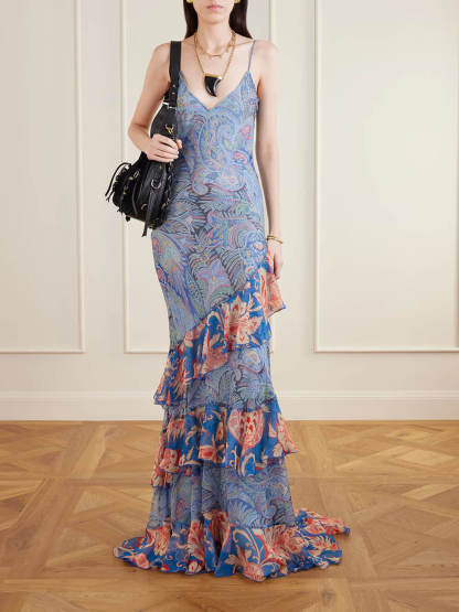 Delicate Ruffled Tiered Paisley Floral Print Chiffon Maxi Dress