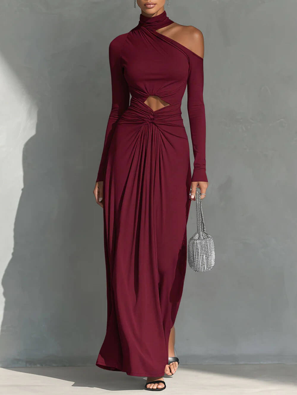 Exquisite One-Shoulder Cutout Pleated Maxi Dress