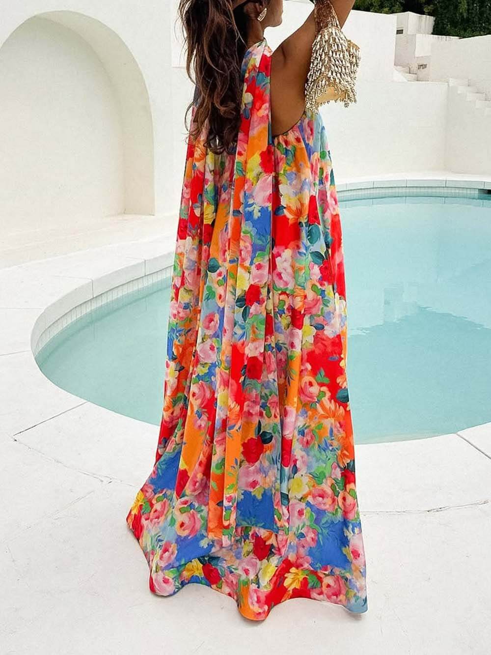 Retro Floral Print Off-Shoulder Scarf Maxi Dress