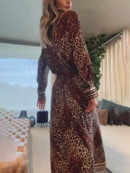 Retro Classic Leopard Print Patchwork Lace-Up Loose Shirt