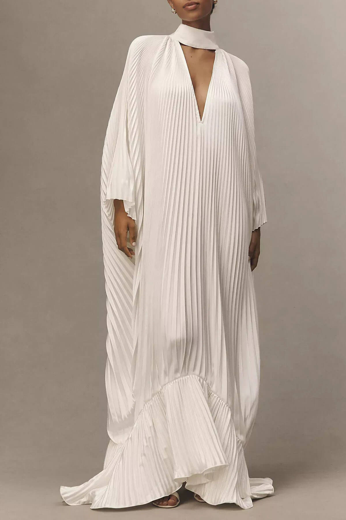 Elegant Empire Style Long-Sleeve V-Neck Pleated Maxi Dress