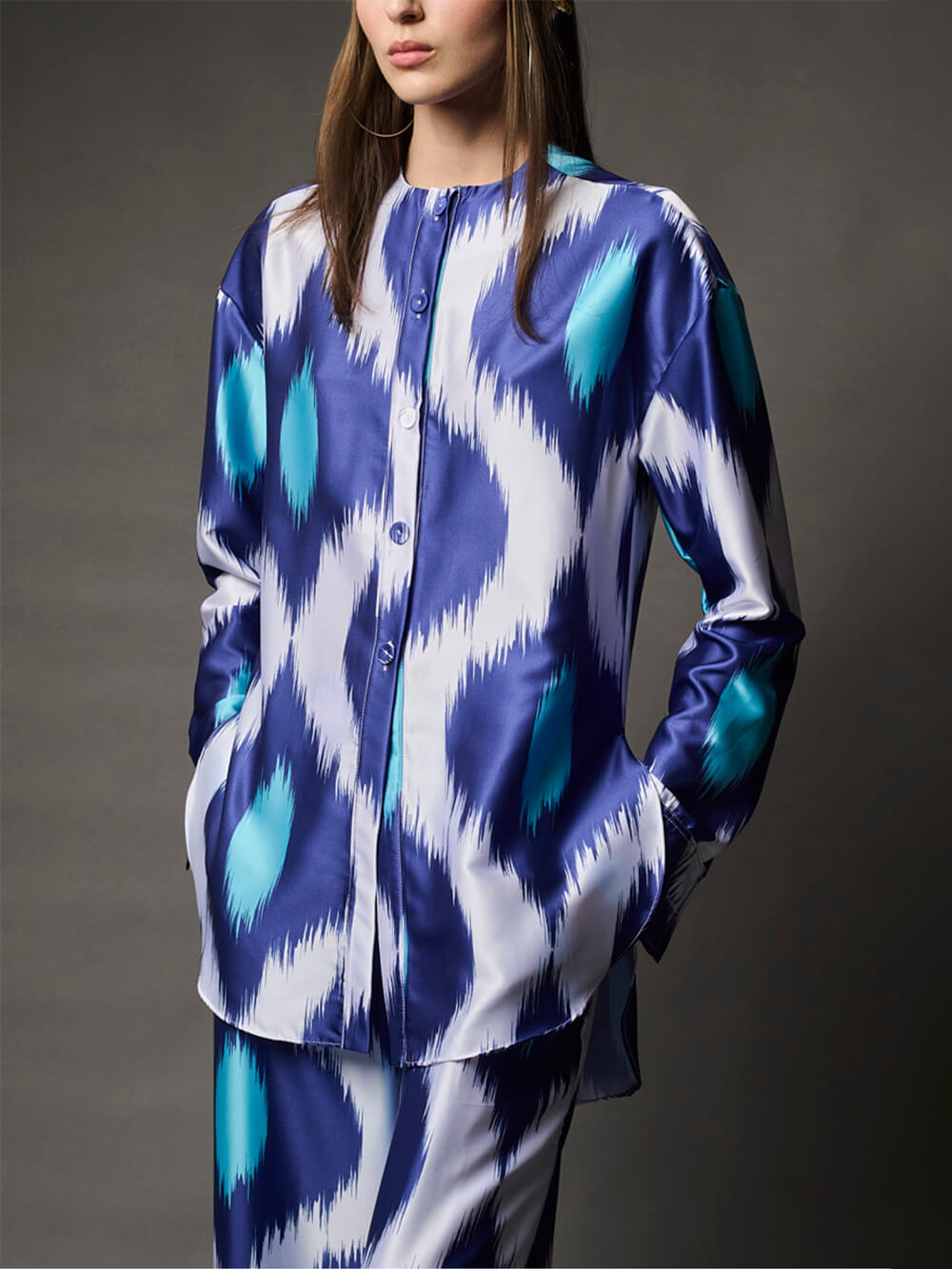 Classic Satin Printed Oversized Button-Up Shirt