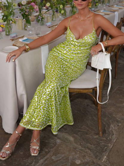 Fashion Sequin Backless Spaghetti Strap Mermaid Party Maxi Dress