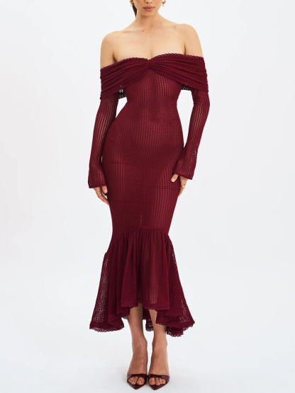 Exquisite Burgundy Off Shoulder Long Sleeve Crochet Mermaid Maxi Dress