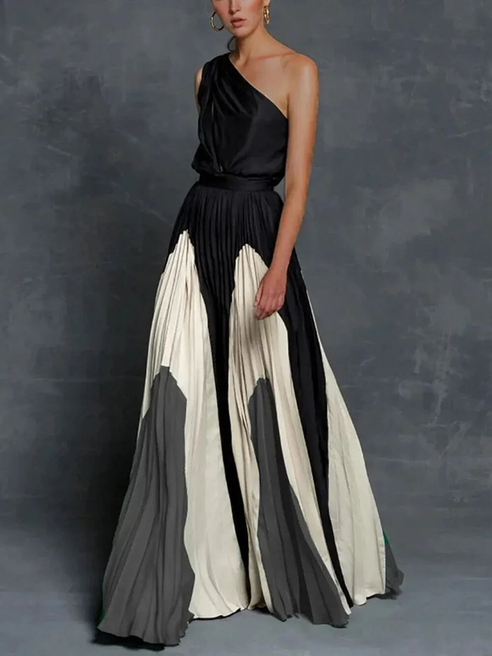Elegant One-Shoulder Colorblock Ruched Maxi Dress