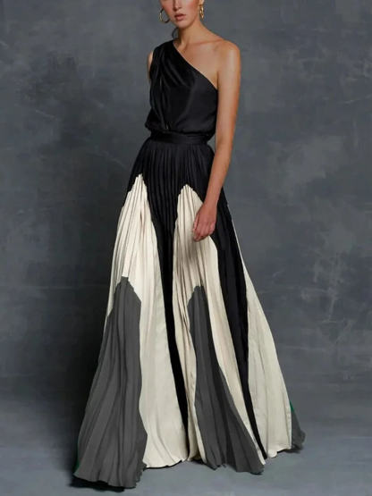 Elegant One-Shoulder Colorblock Ruched Maxi Dress