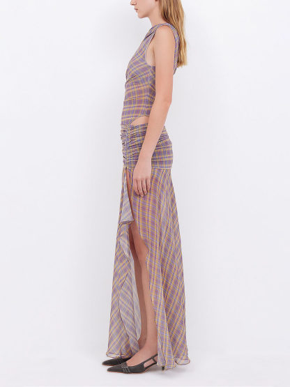 Retro Check Plaid Print Asymmetric Ruched Slit Maxi Dress