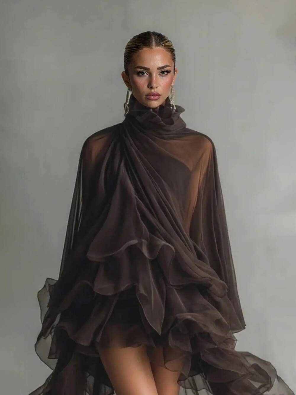 Elegant Ruffled Chiffon High-Neck Loose Midi Dress