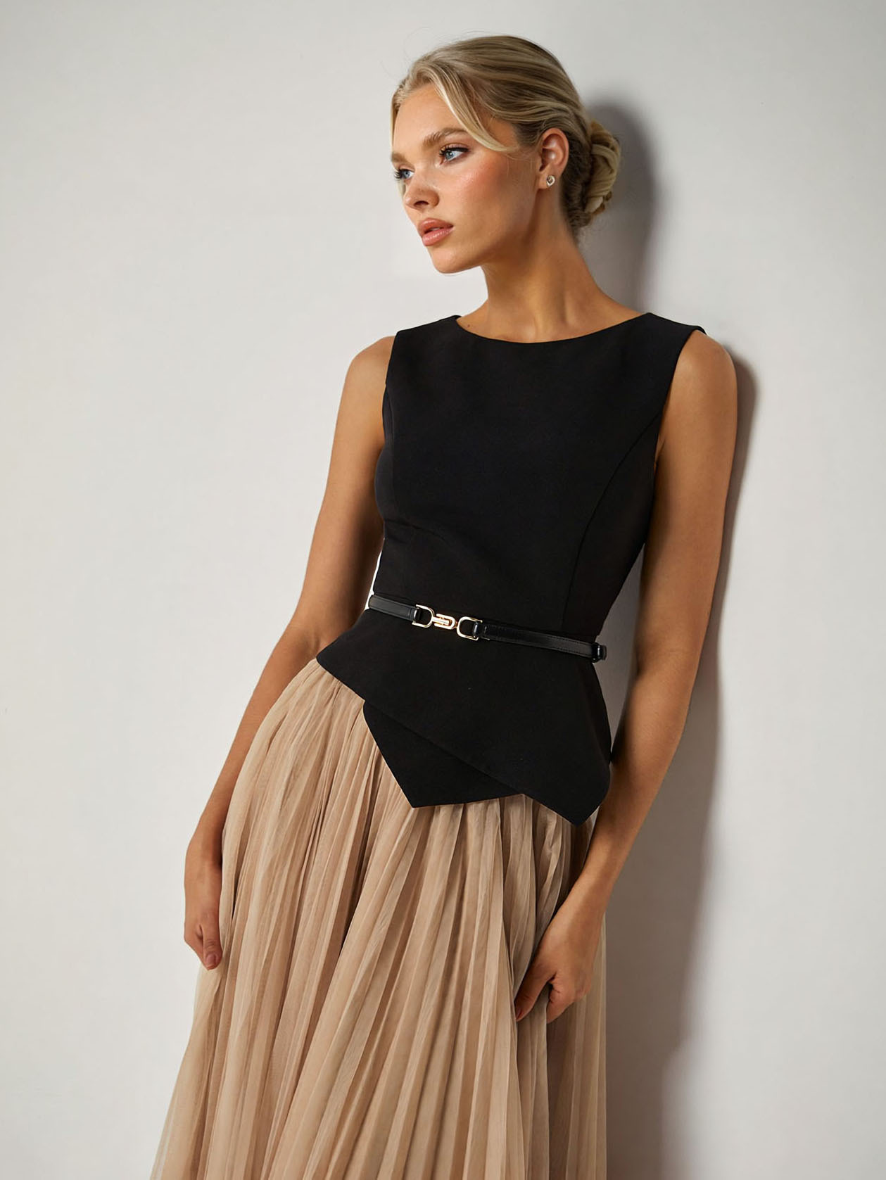 Elegant Asymmetrical Boat Neck Top & Skirt Two-Piece Set