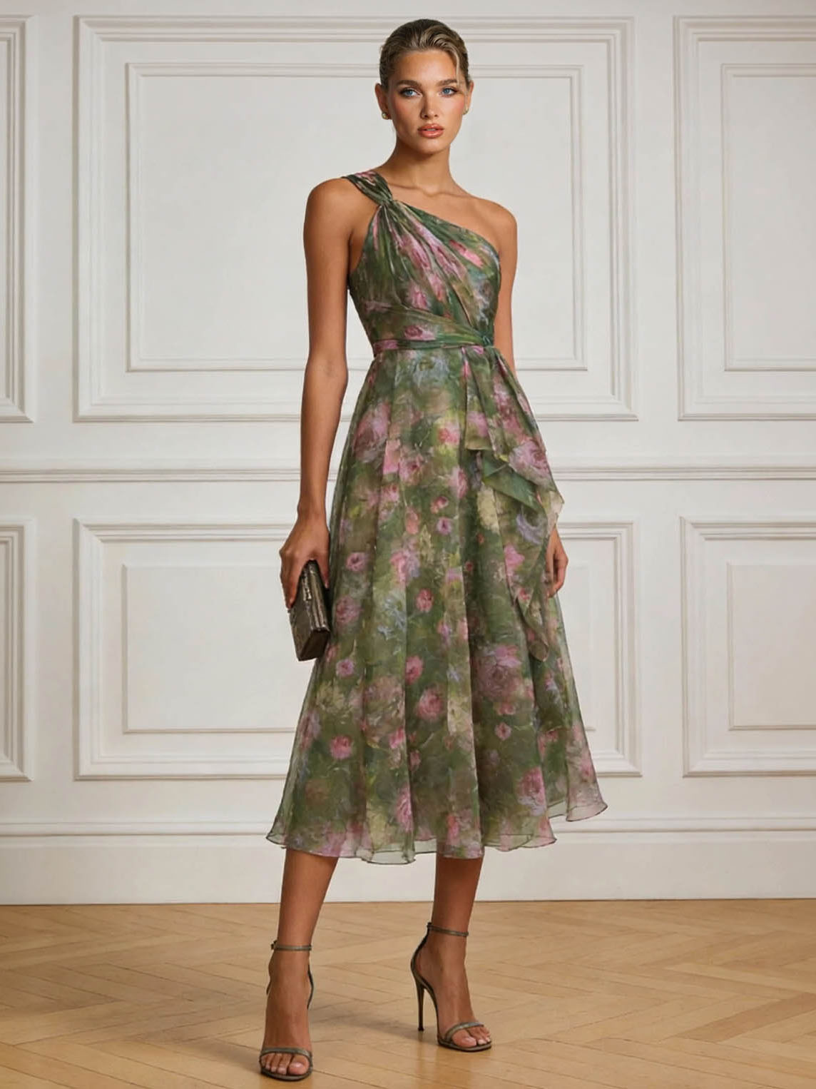 Elegant Floral Print One-Shoulder Chiffon Ruffle Midi Cocktail Dress