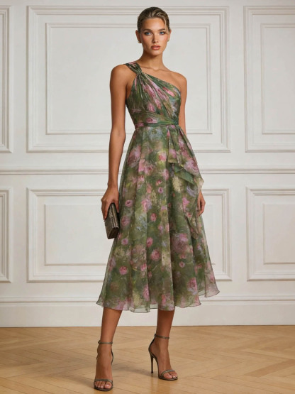 Elegant Floral Print One-Shoulder Chiffon Ruffle Midi Cocktail Dress