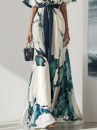 Elegant Watercolor Print V-Neck Flowing Maxi Dress