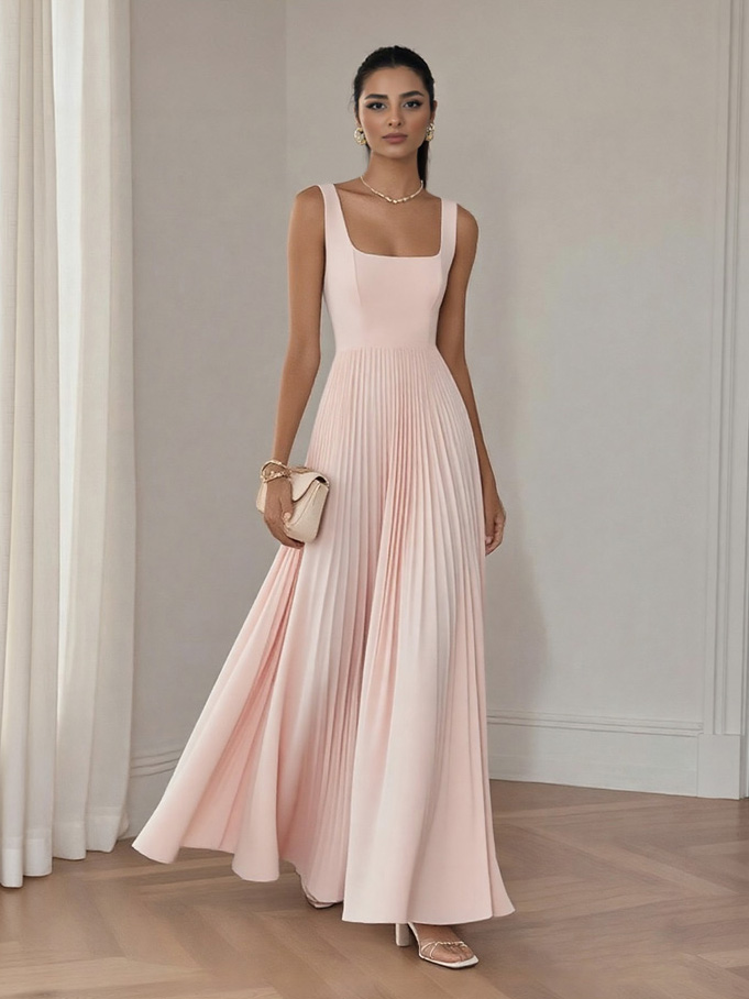 Elegant Square-neck Pleated Maxi Dress