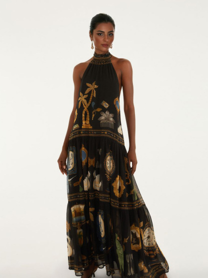 Retro Art Print Backless Layered Maxi Dress