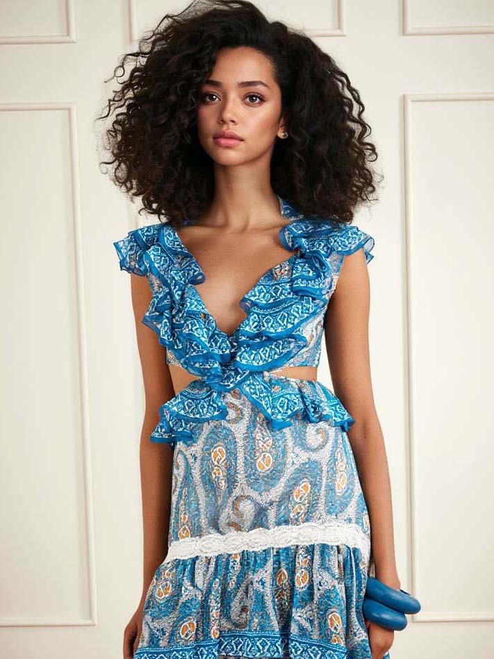 Elegant Paisley Print Ruffle Deep V Cut-Out High-Low Maxi Dress
