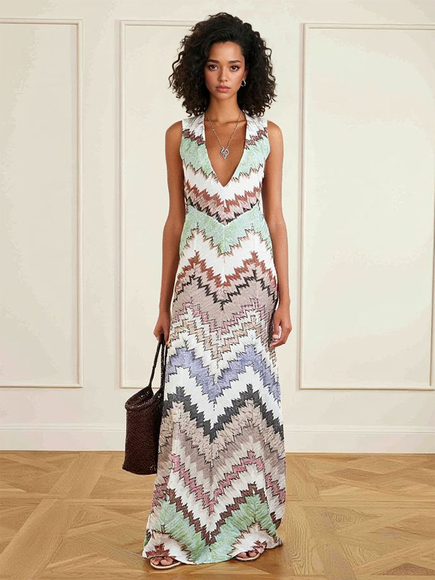 Geometric Zigzag Print V-neck Maxi Dress