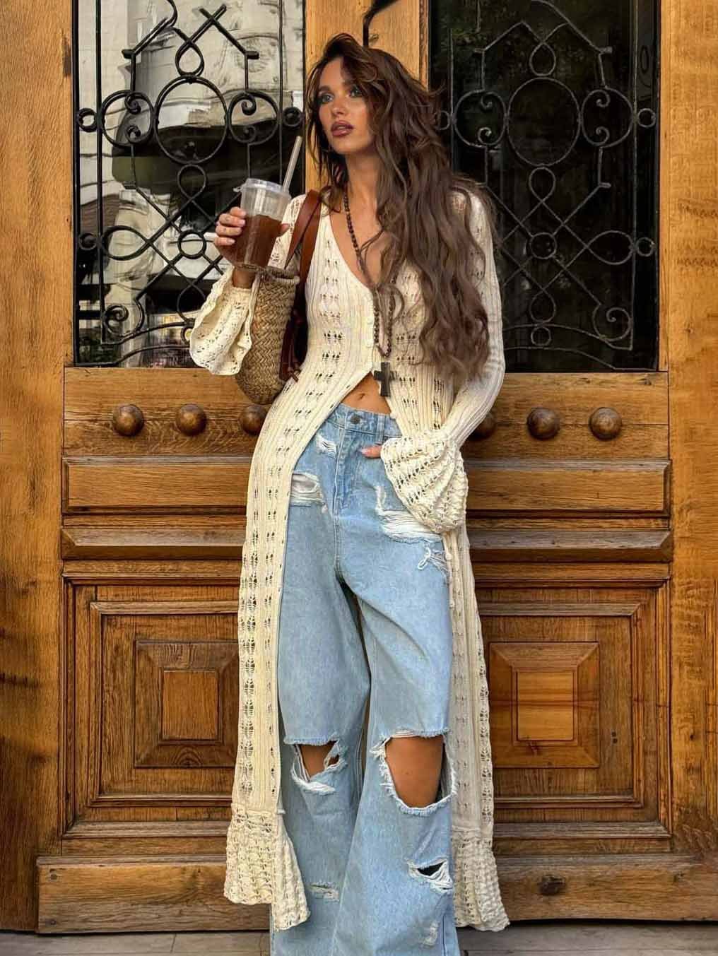 Unique Hollow Crochet Extra-Long Knitted Cardigan