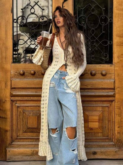 Unique Hollow Crochet Extra-Long Knitted Cardigan