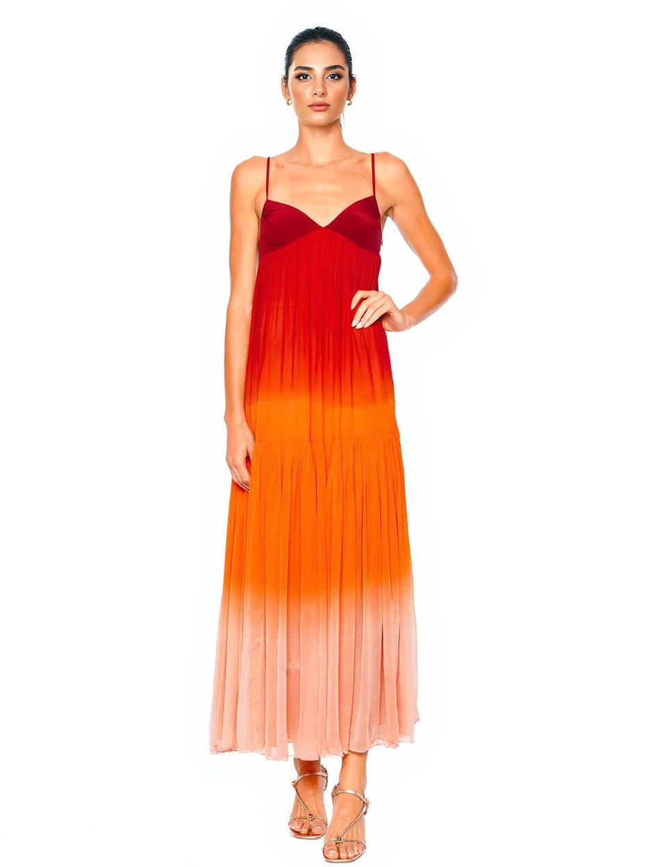 Sunset Gradient Pleated Tiered Maxi Dress