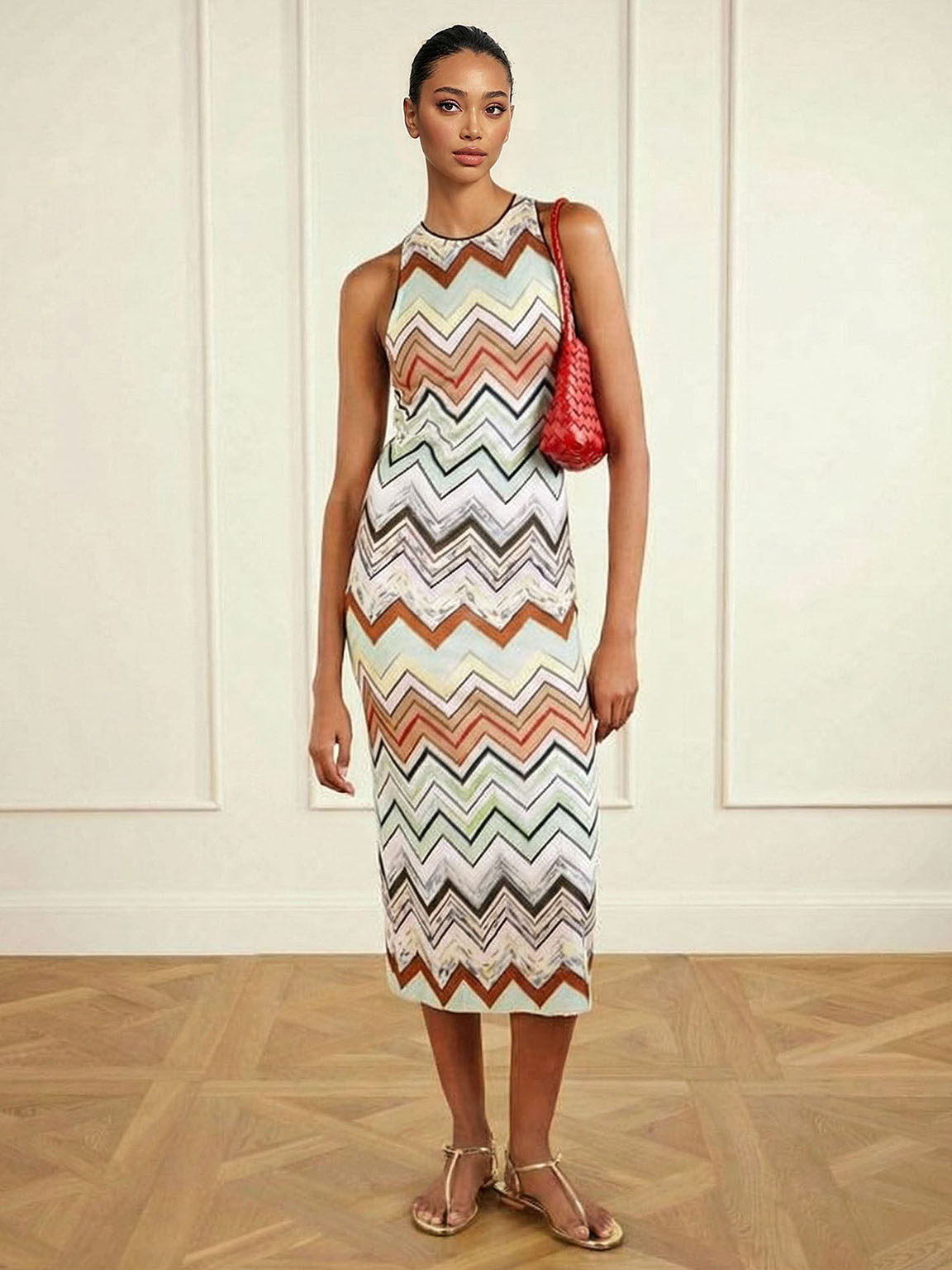 Elegant Geometric Zigzag Print Sleeveless Midi Dress