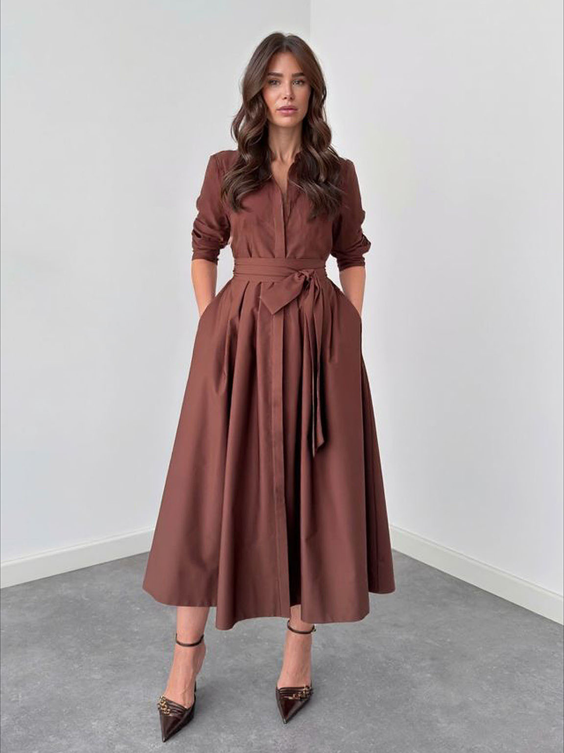 Elegant Long-Sleeve Tie-Waist Shirt Midi Dress