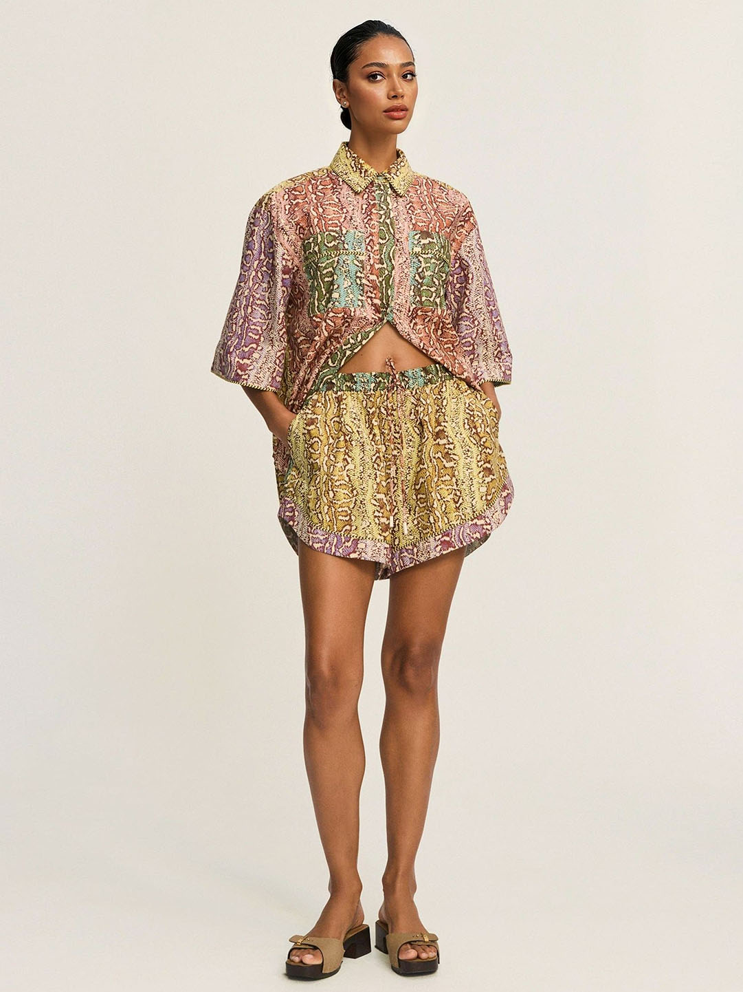 Luxury Patchwork Snakeskin Print Shirt & Shorts Set