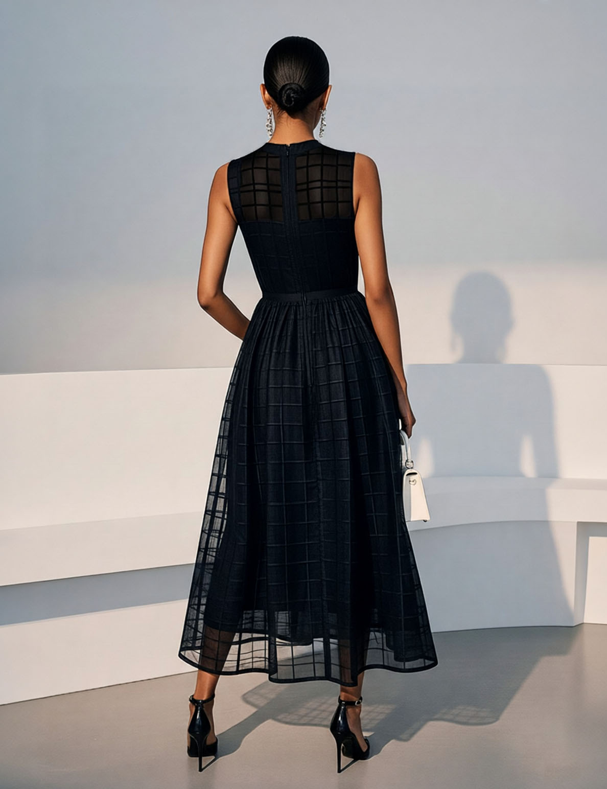 Elegant Sheer Mesh Pattern Midi Dress