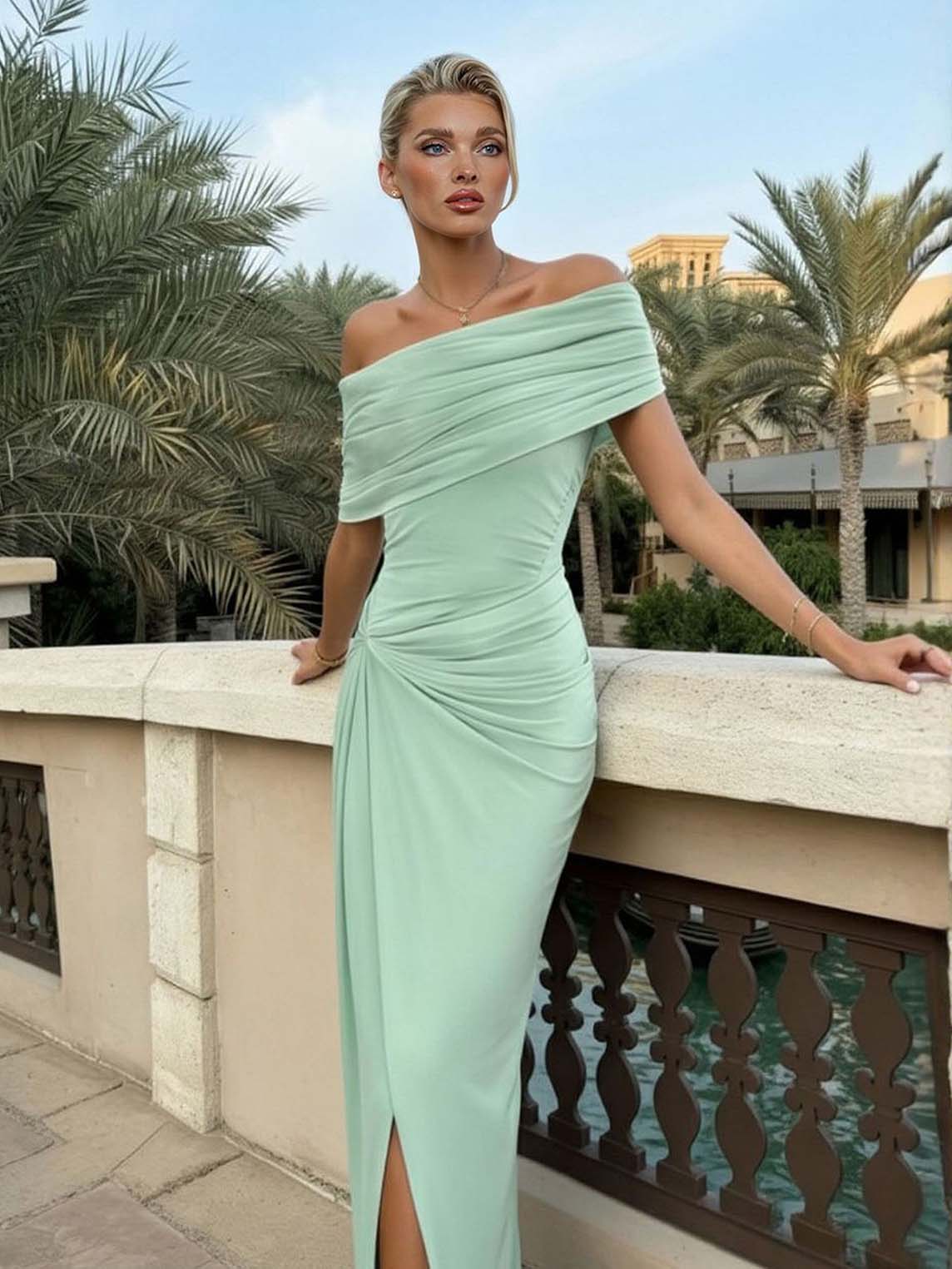 Elegant Off-Shoulder Ruched Slit Maxi Dress