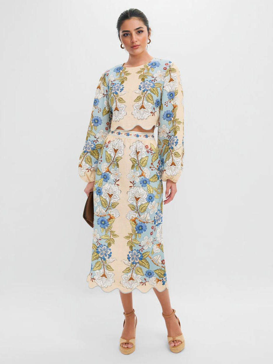 Retro Floral Embroidered Midi Skirt