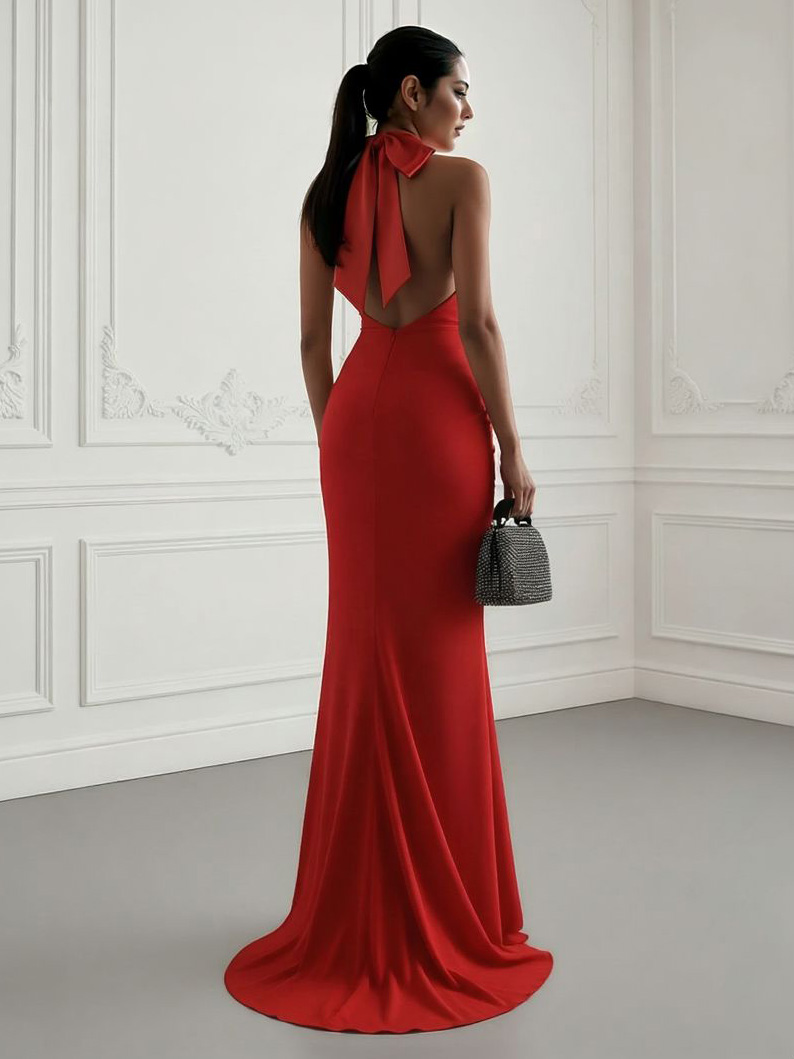 Elegant Halter Neck Ruched Mermaid Maxi Dress