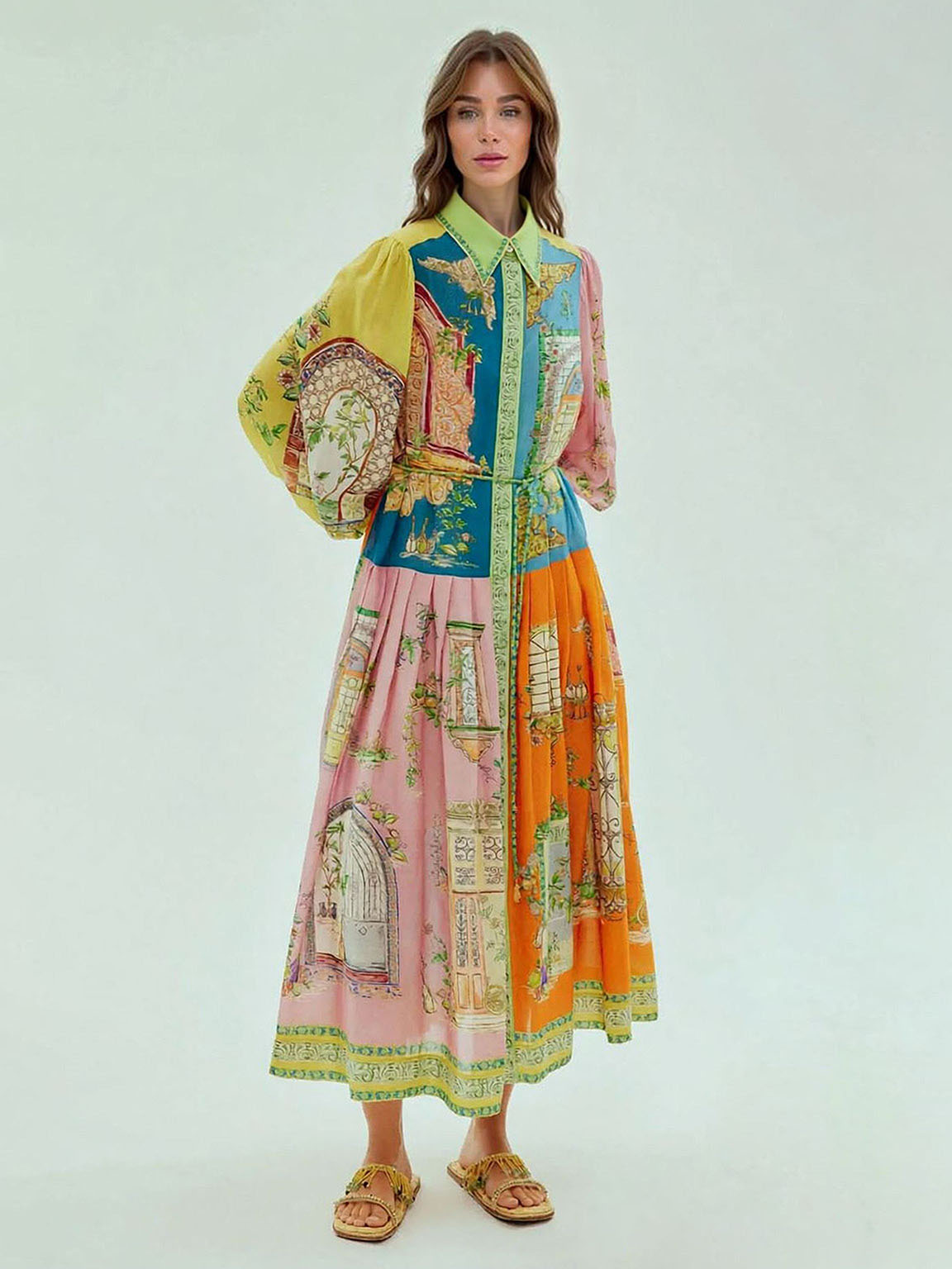 Exquisite Garden Print Button-Down Midi Dress