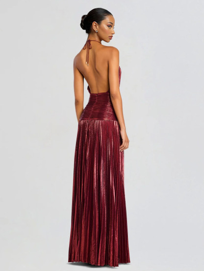 Elegant Metallic Pleated Halter Neck Maxi Dress