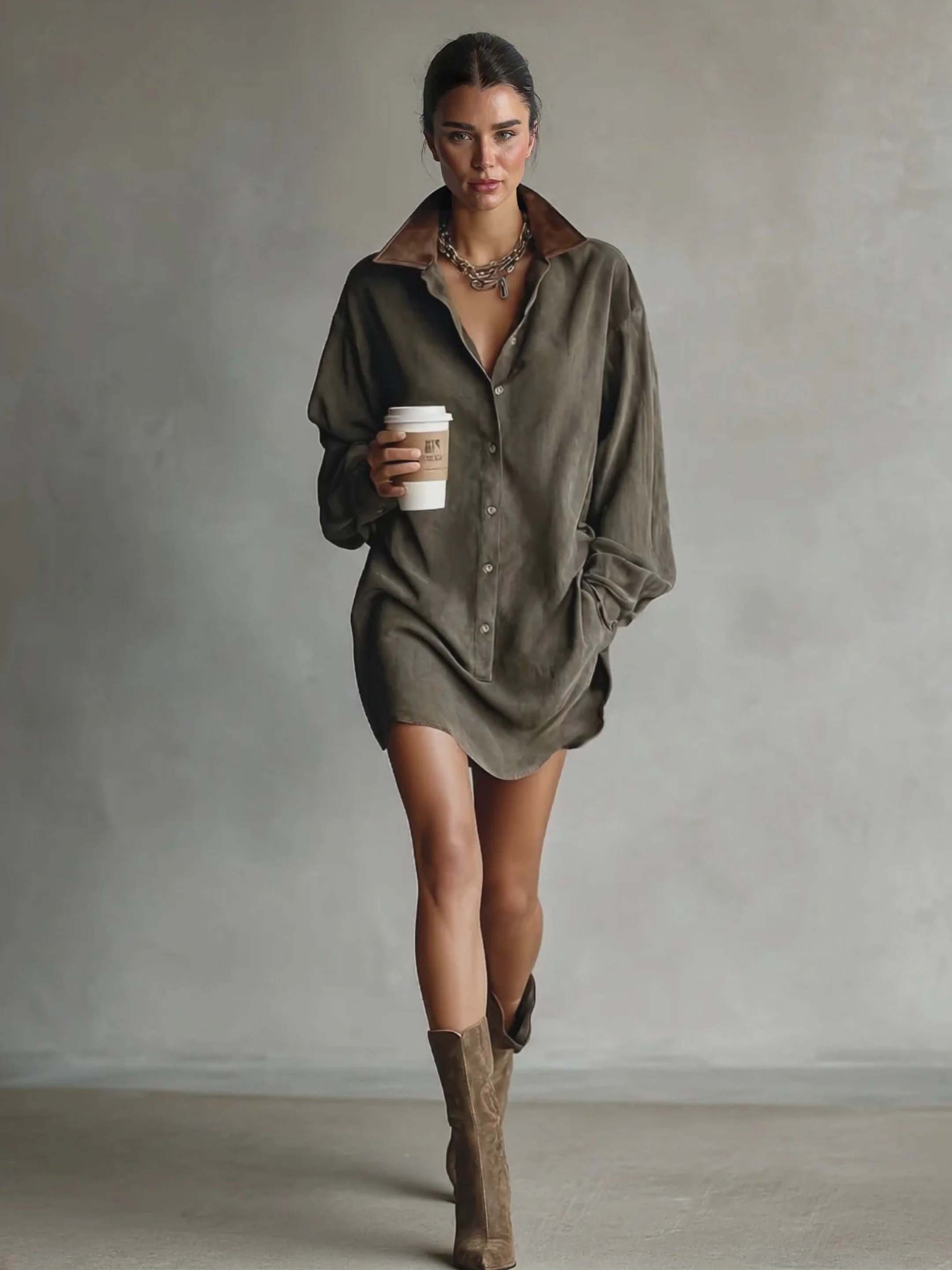 Casual Loose Lapel Paneled Suede Mini Dress