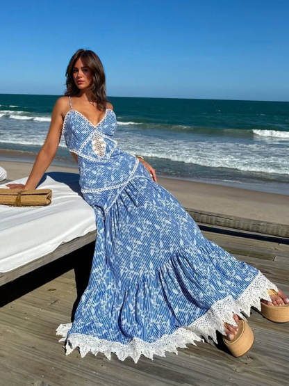 Boho Lace Insert Printed Backless Maxi Dress