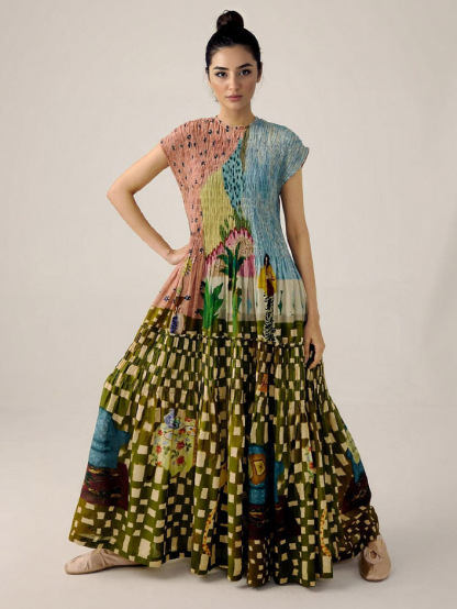 Retro Pleated Print Maxi Dress