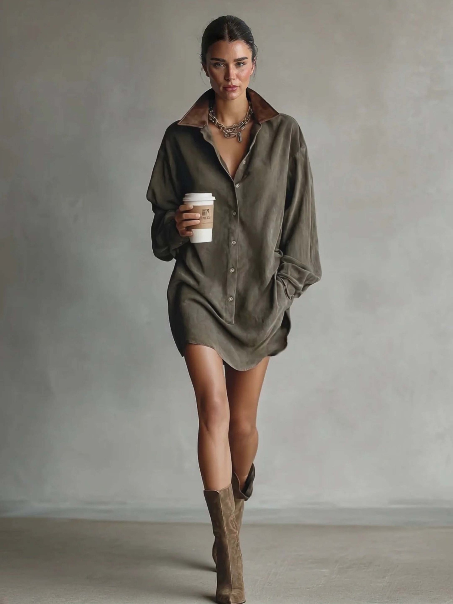 Casual Loose Lapel Paneled Suede Mini Dress