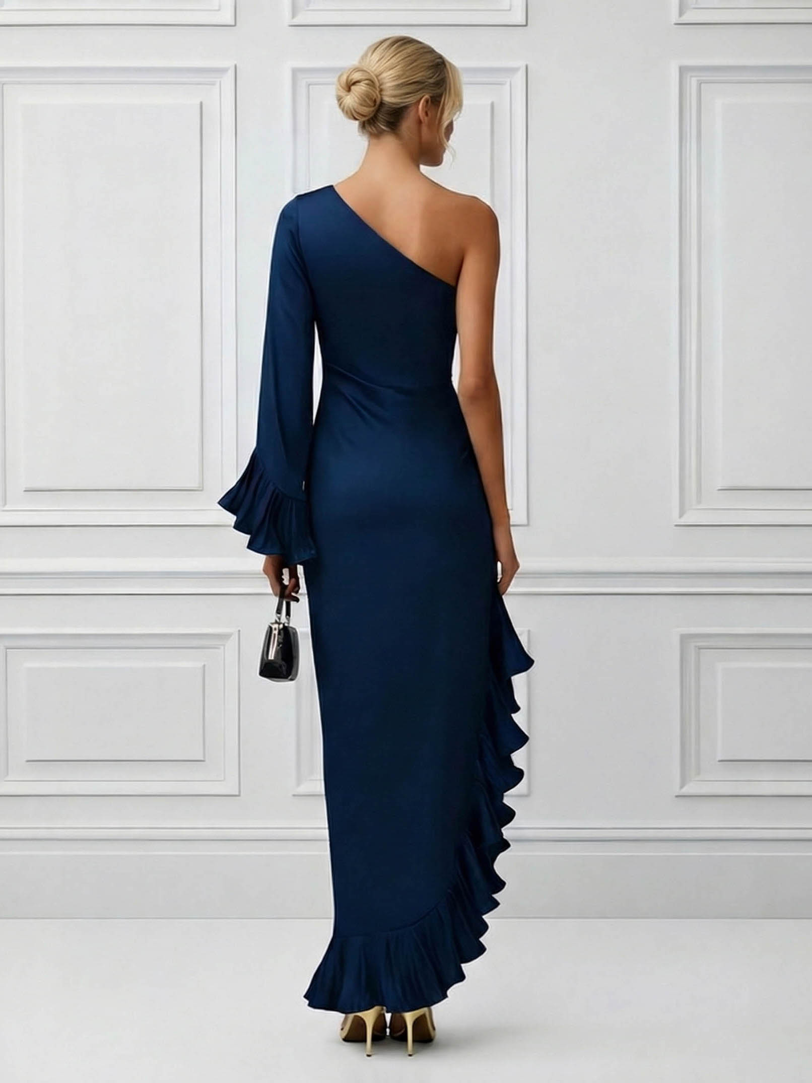 One-Shoulder Ruffle Trim Satin Maxi Dress
