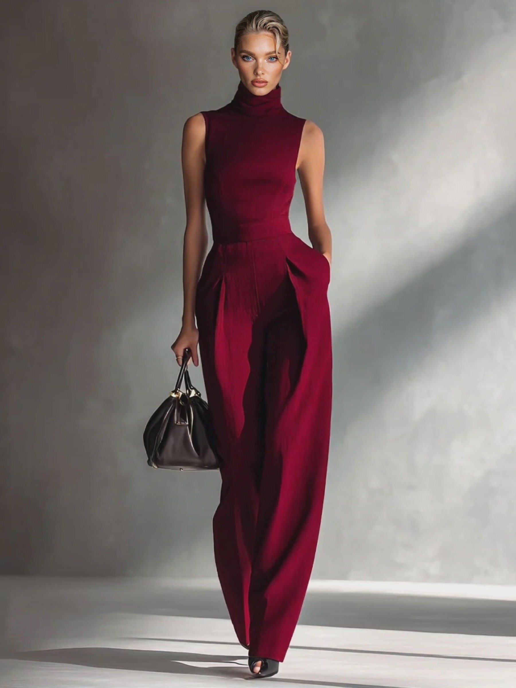 Casual Sleeveless High-Neck Wide-Leg Jumpsuit