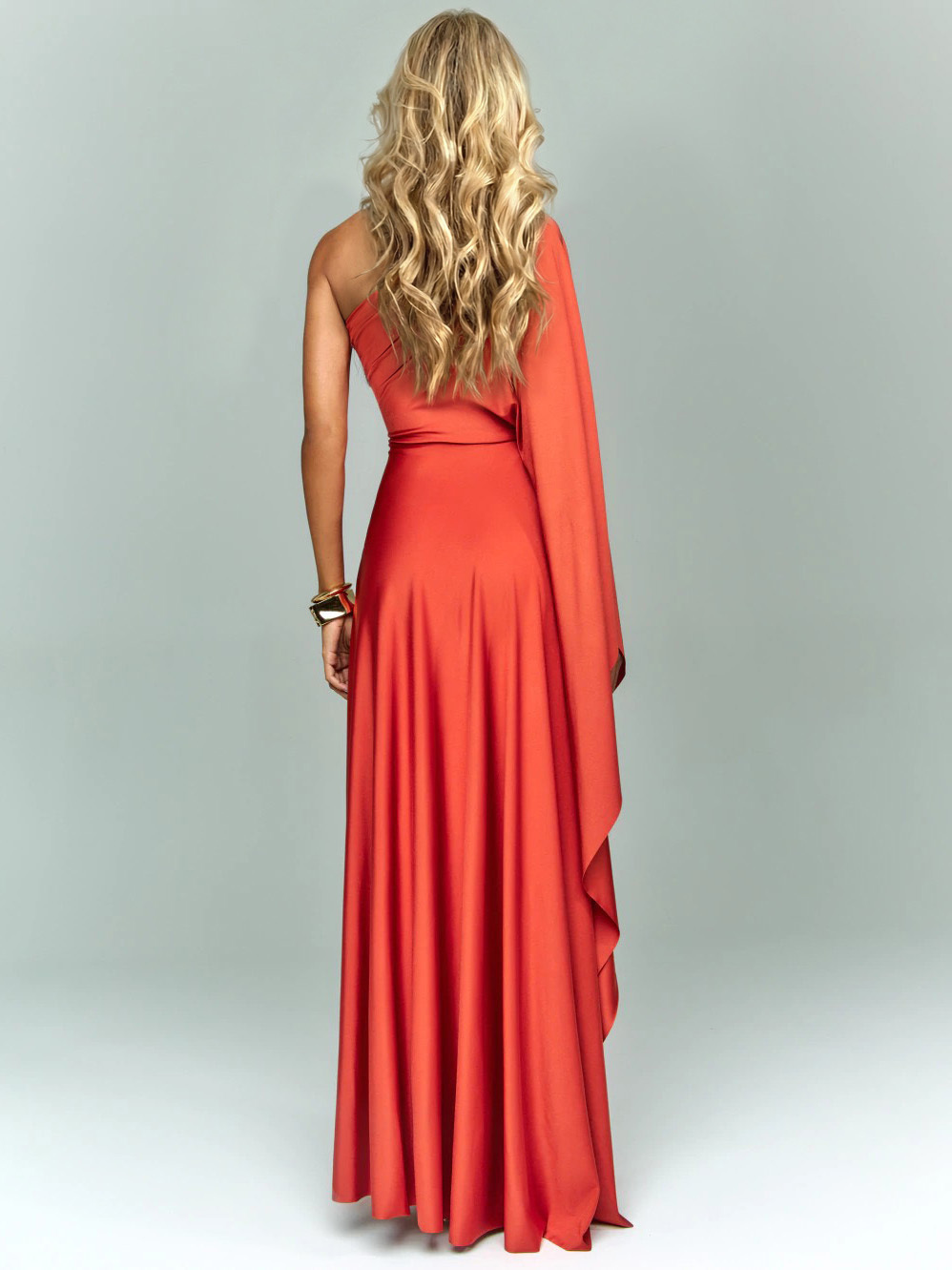 Elegant Asymmetrical Satin Draped Maxi Dress