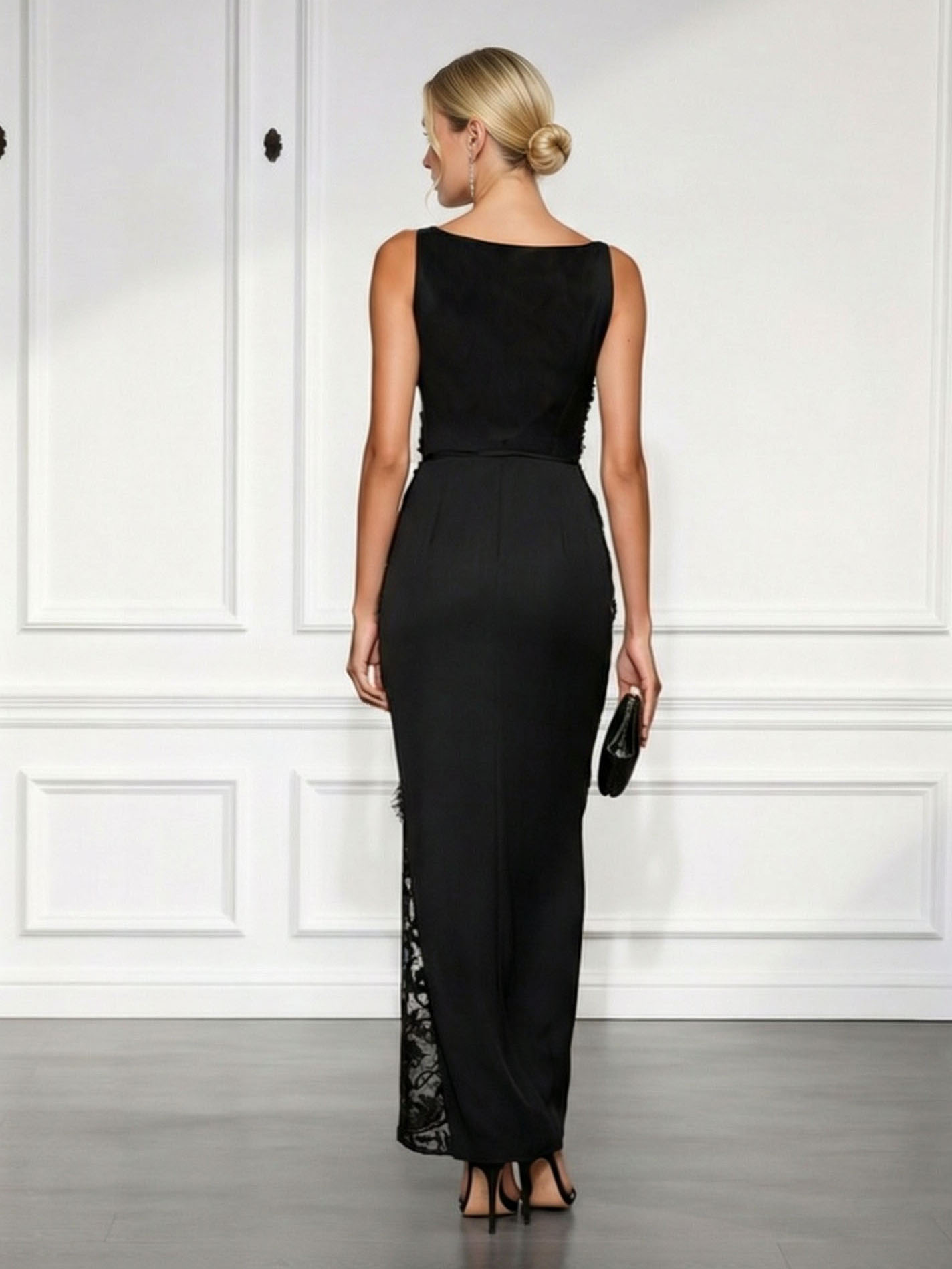 Sexy Lace-Trim Deep V-Neck High-Slit Maxi Dress