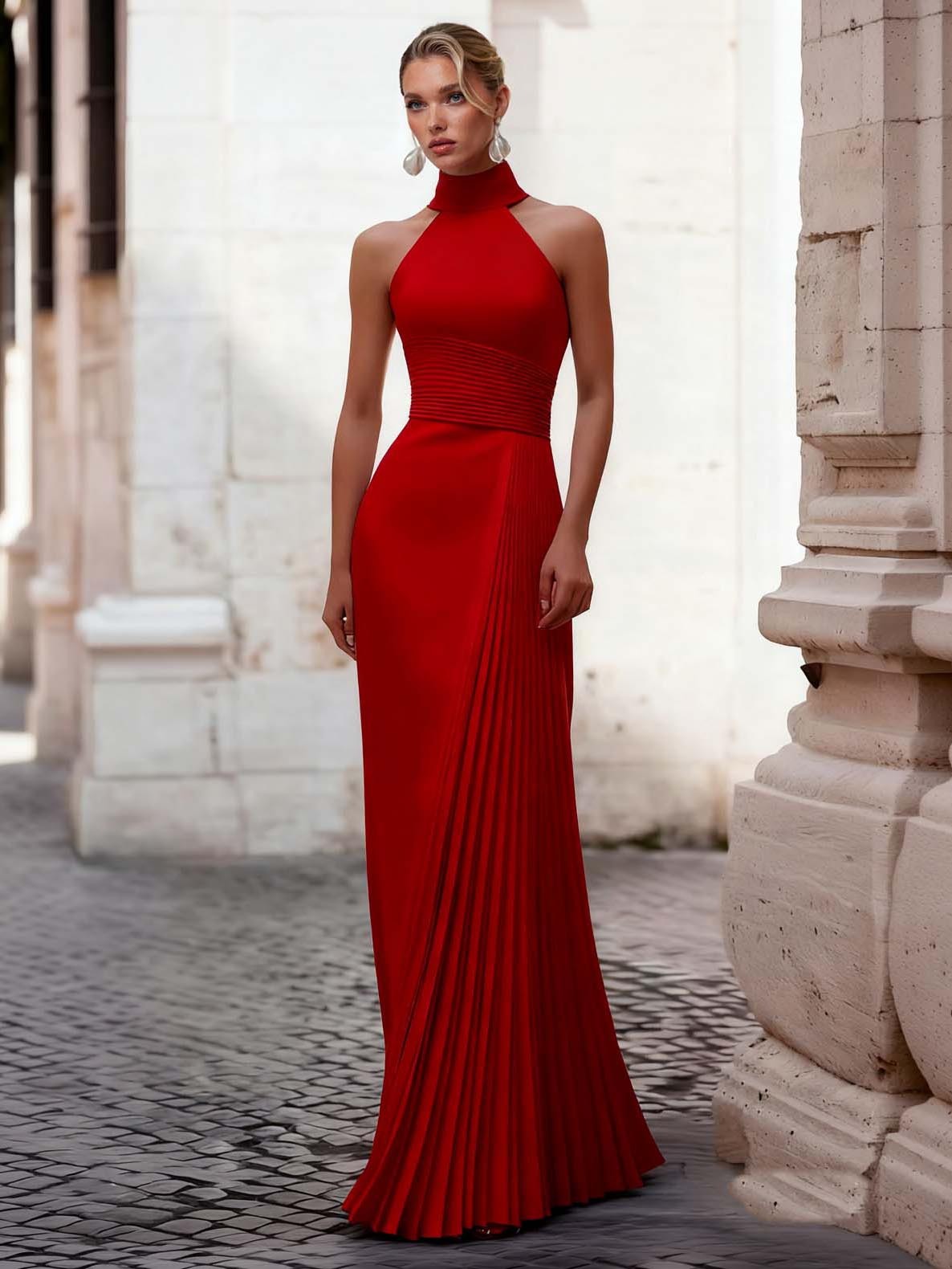 Elegant Red Halter Pleated Maxi Dress