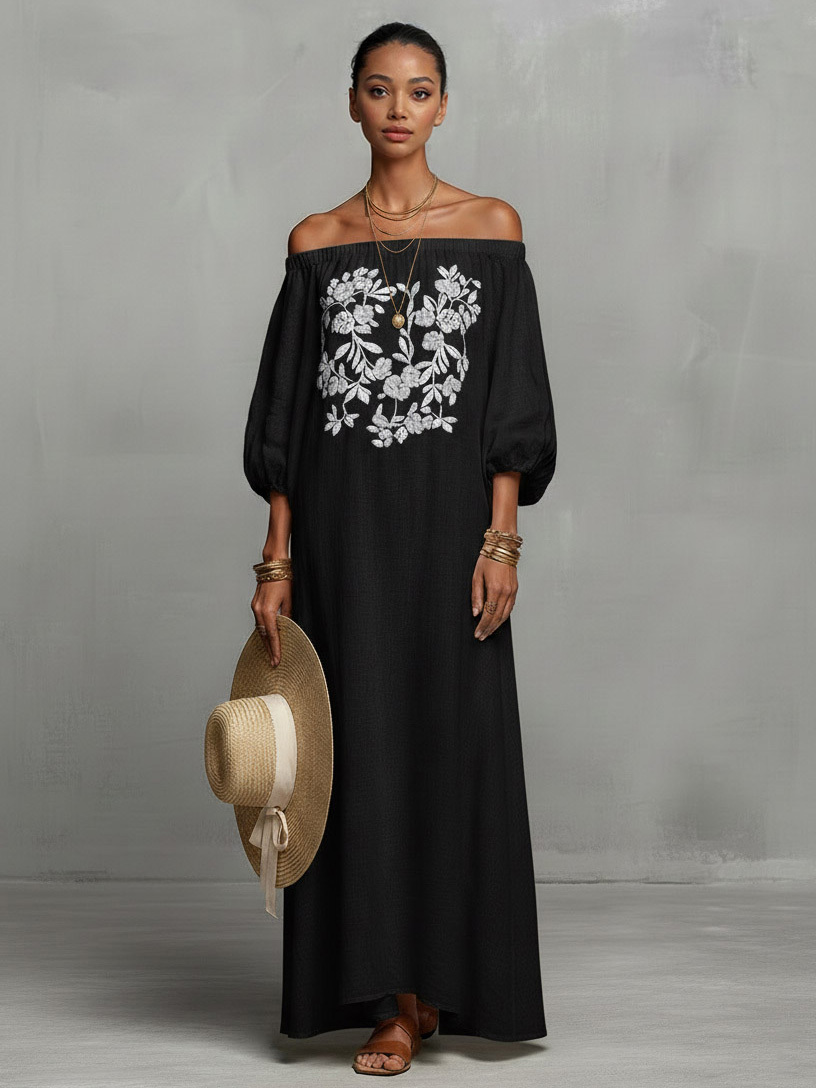 Bohemian Floral Embroidered Off-Shoulder Maxi Dress